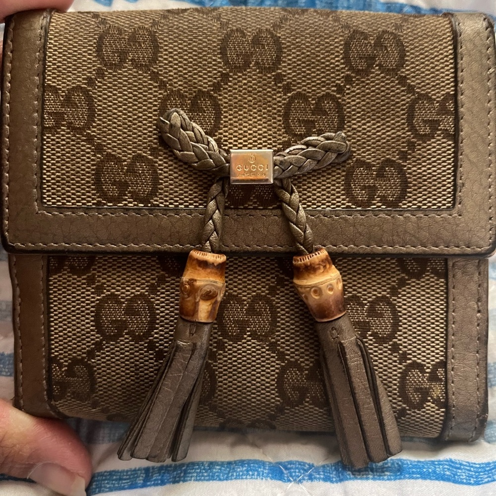 Gucci Brown Monogram Wallet with Tassel Accents